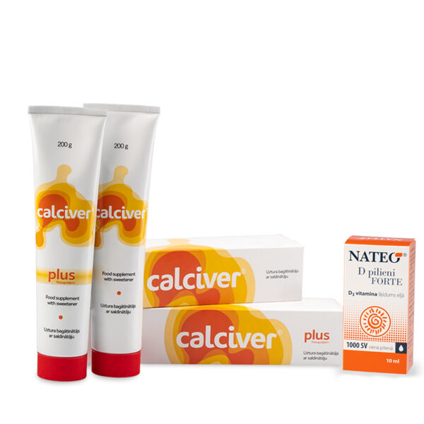 Komplekts - Kalcijs CALCIVER + Kalcijs Calciver Plus, 400g + DĀVANĀ Nateo D Forte pilieni, 10ml